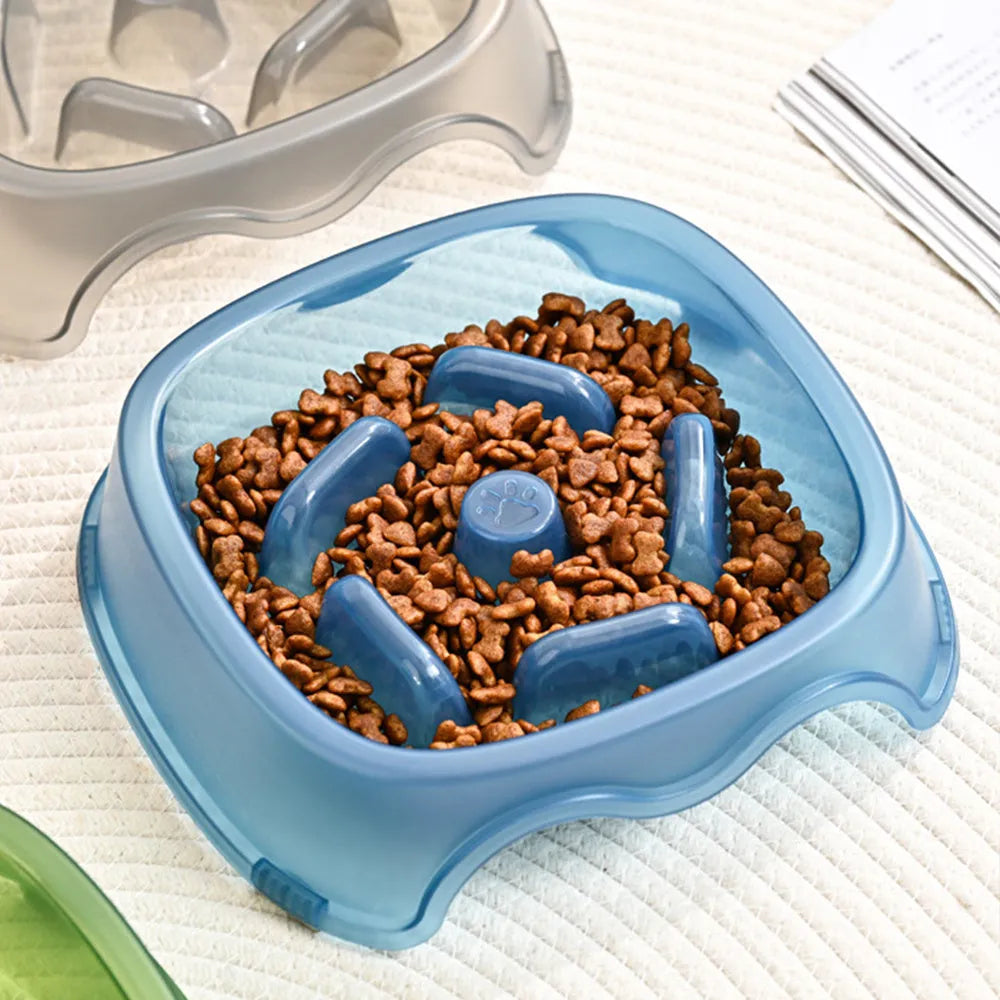 Blue plastic dog slow feeder bowl with interior ridges to control eating speed