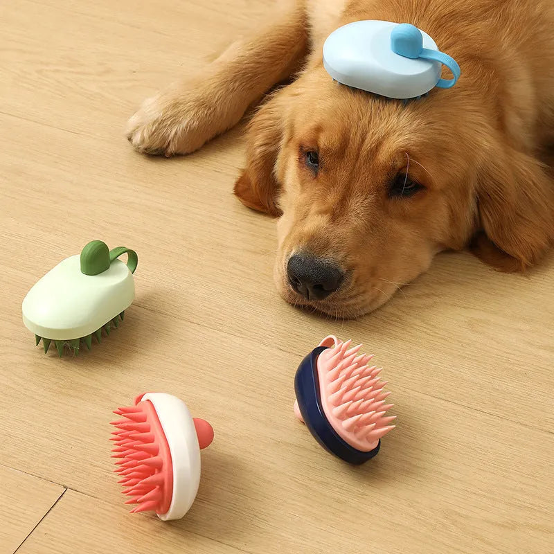 Handheld silicone pet grooming brush with TPR massage bristles in blue colour for dog and cat hair removal