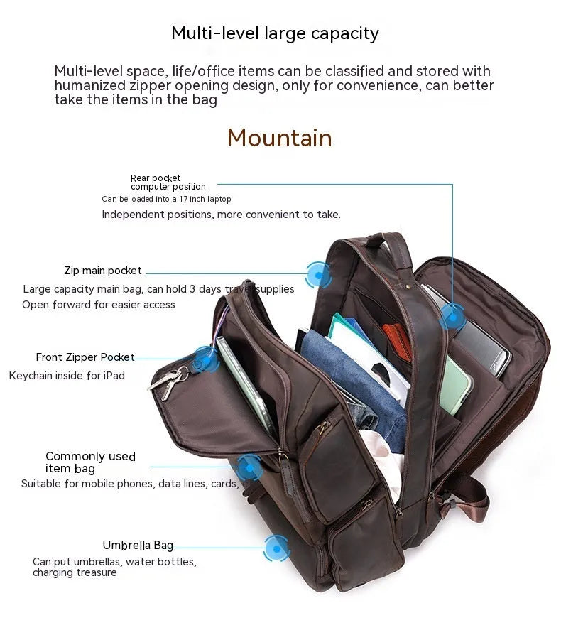 Dark brown retro leather backpack for men showing front view and open compartments.