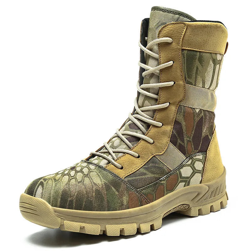 Men's black and camouflage high-top mesh Martin boots on a white background.