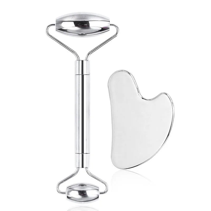Stainless steel facial massage roller and scraping plate set with heart-shaped eye meridian design