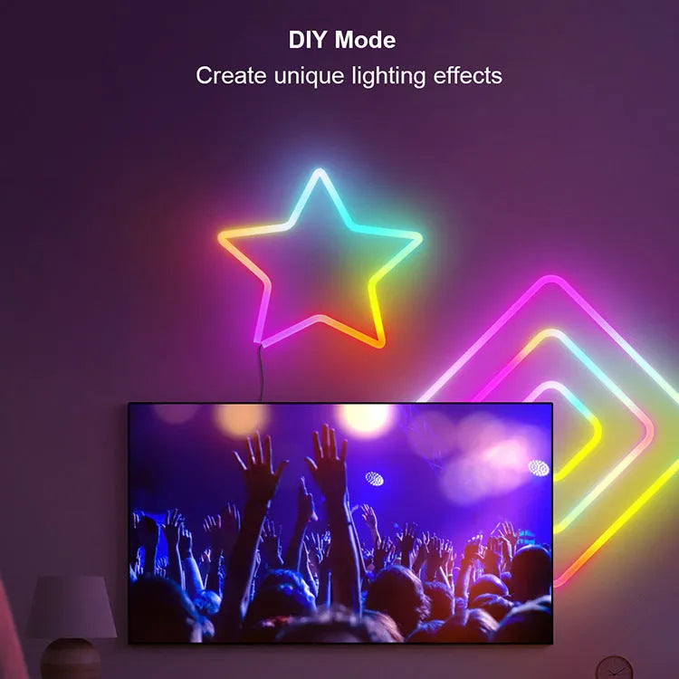 3 metre USB RGB neon light strip with remote control showing colour-changing effects