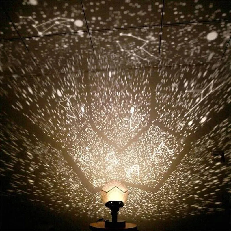 LED starry sky projector night light projecting constellations on a bedroom ceiling with remote control.
