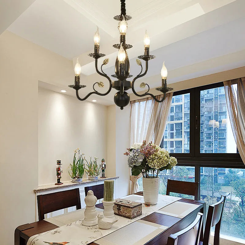 American wrought iron crystal chandelier with multiple lights in black finish for living room