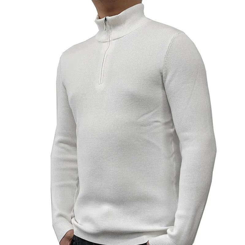 Man wearing a grey zip-up half-turtleneck sweater, a casual cotton blend pullover for leisure.