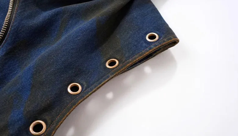 Blue Korean style hooded denim vest coat and matching trousers set on a hanger