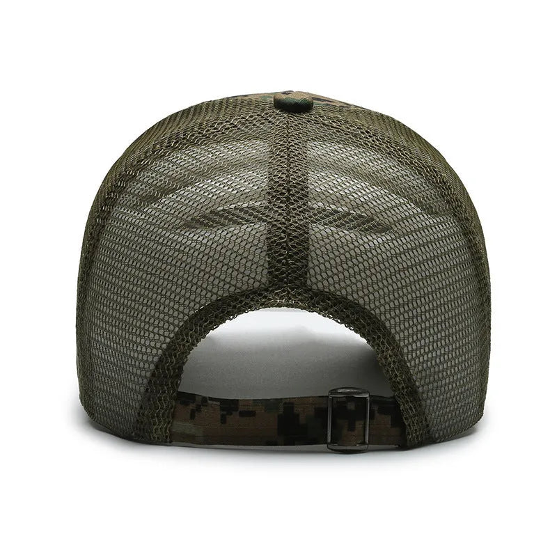 Tactical camouflage baseball hat with machine-embroidered patterns and adjustable sizing strap