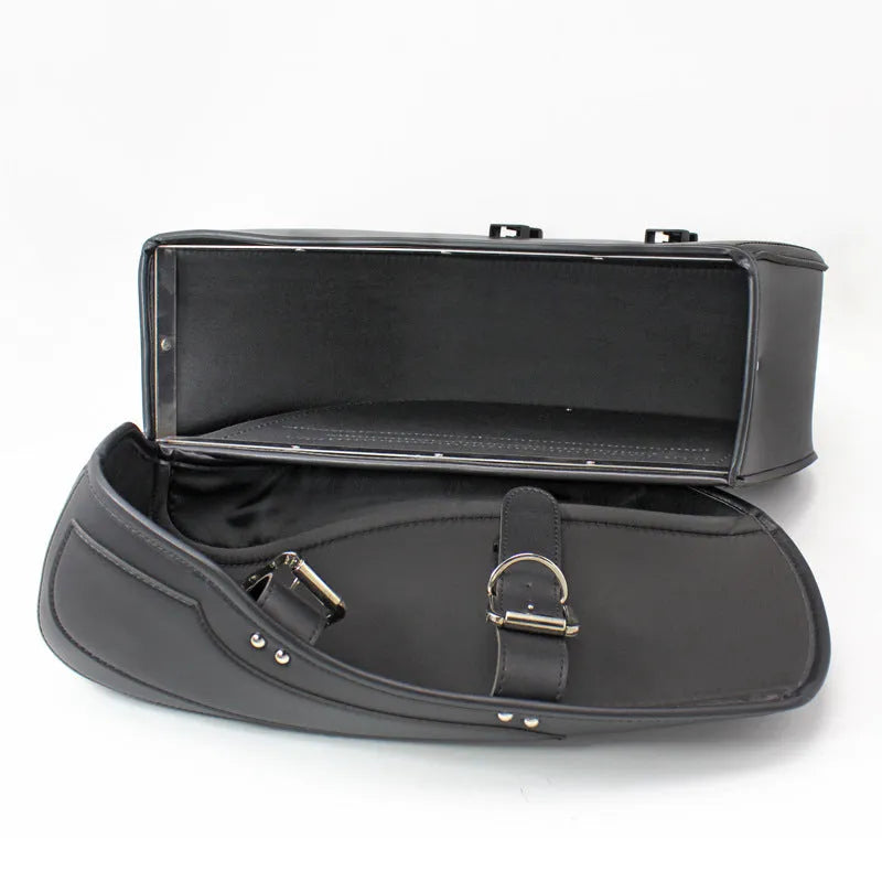 Black PU leather motorcycle side box with retro wind styling mounted on saddlebag