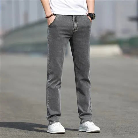 Men's smoky grey straight cut jeans with rabbit fur fabric and zip fly closure
