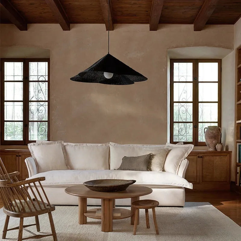 Silent Style natural rattan woven ceiling lamp with wind design, shown in 50cm diameter.
