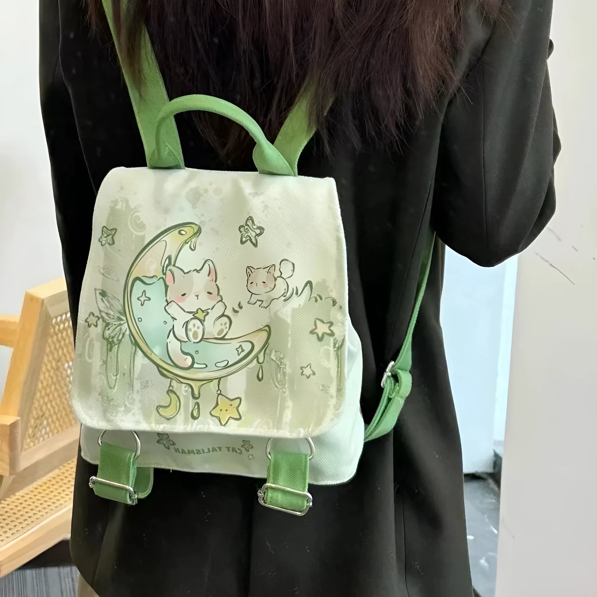 Mint Mambo Green cute polyester backpack with spliced design, sandwich pocket, 23x10x25cm, on white background