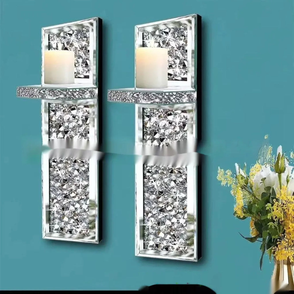 Silver mirror glass candle holder pair for wall mounting at 10x11x38cm dimensions