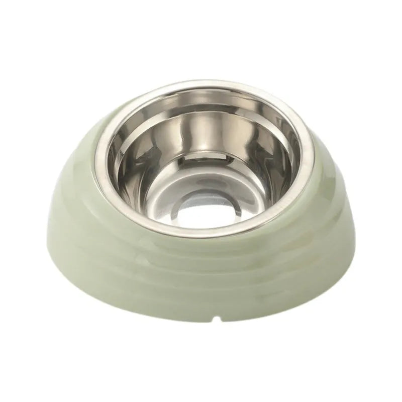 Stainless steel cat bowl in plastic base available in beige, brown, and light green colours