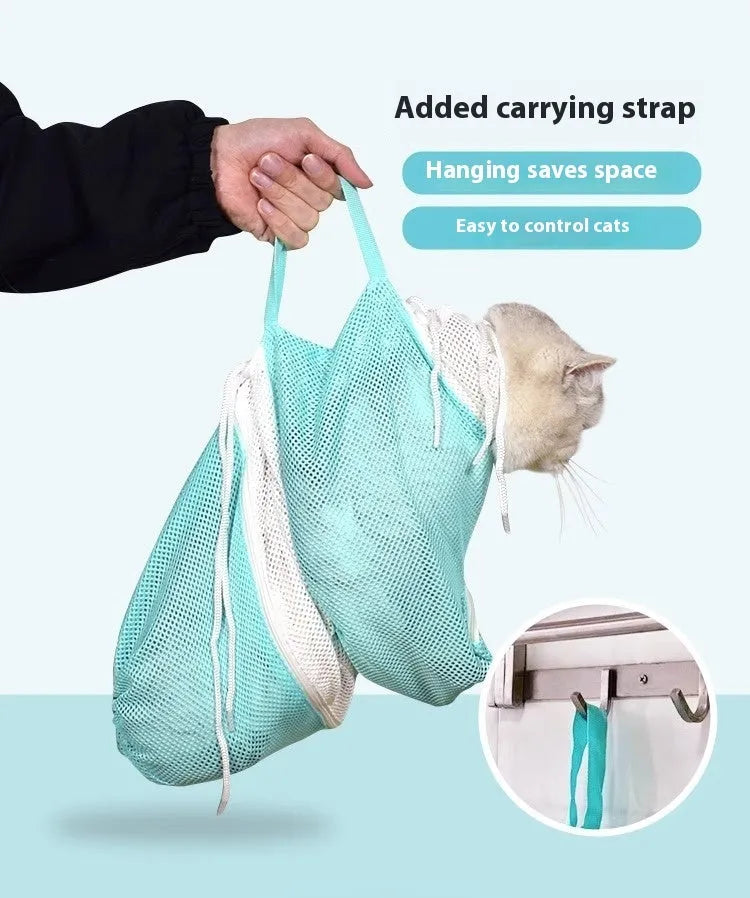 Upgraded 5th generation cat grooming bag in pink, green, or grey colour combinations with scratch-resistant mesh