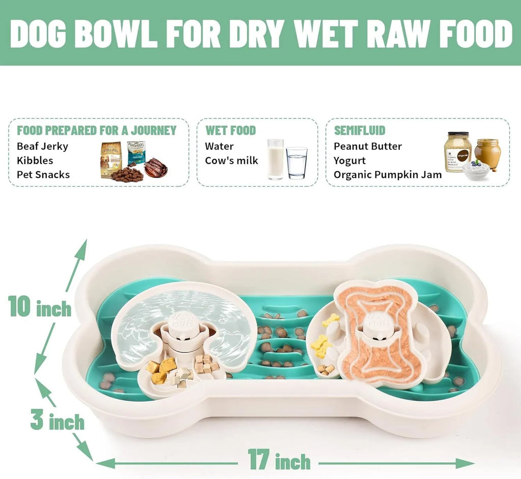 Large green slow feeder dog bowl with three rotating trays and non-slip suction cups