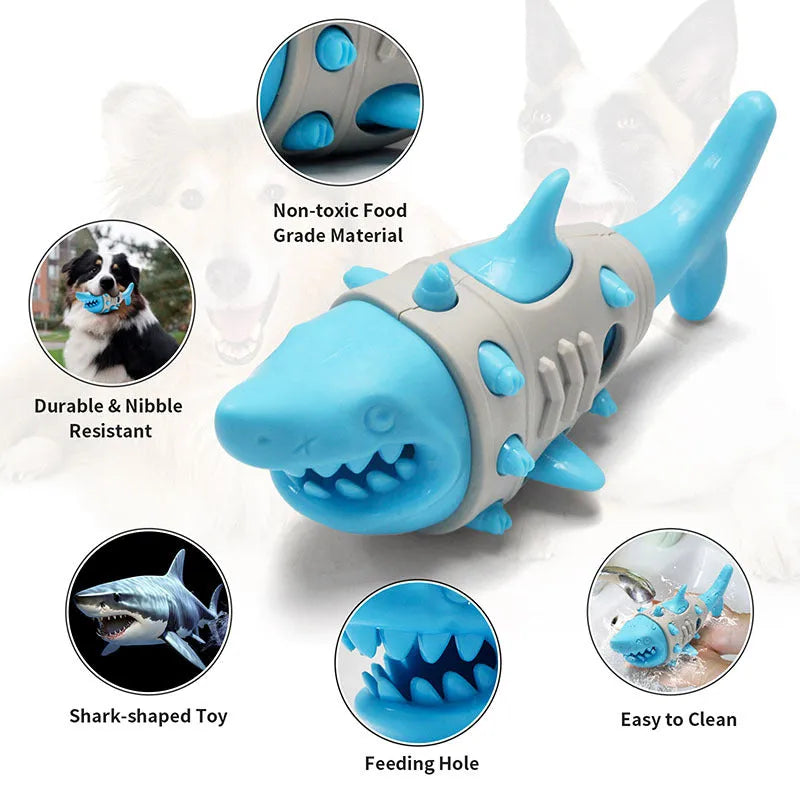 Blue durable rubber dog toy with shark-tooth texture for teething and dental cleaning.