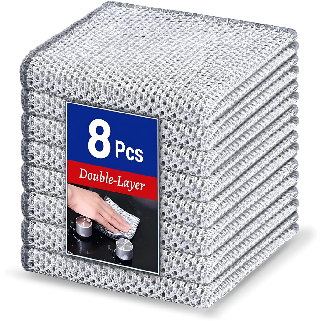 Silver silk microfibre cleaning rag with integrated steel wool scourer for pots and bowls.