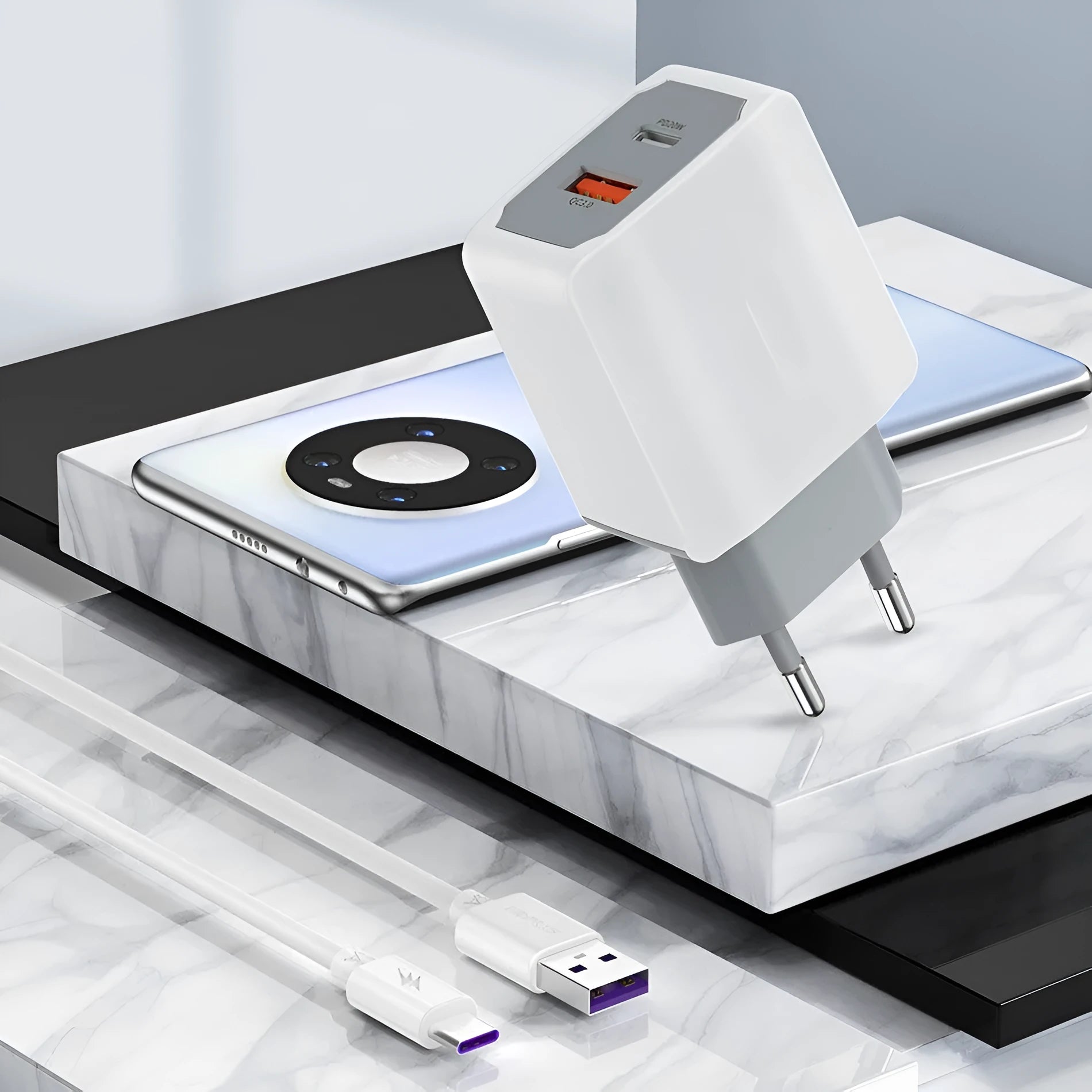 White USB fast charger set with European standard cable and compact charging head