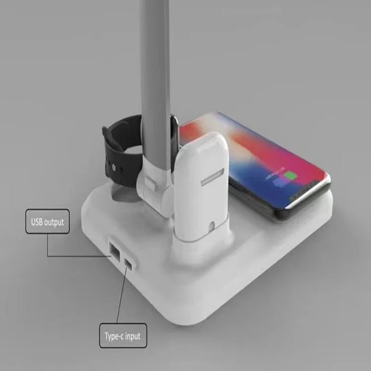 Black and white 4-in-1 LED desk lamp with integrated wireless charging function and TYPE-C port