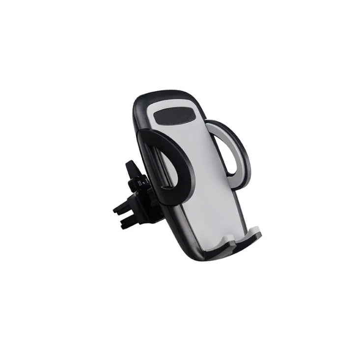 Black plastic mobile phone holder mounted on car air conditioning vent