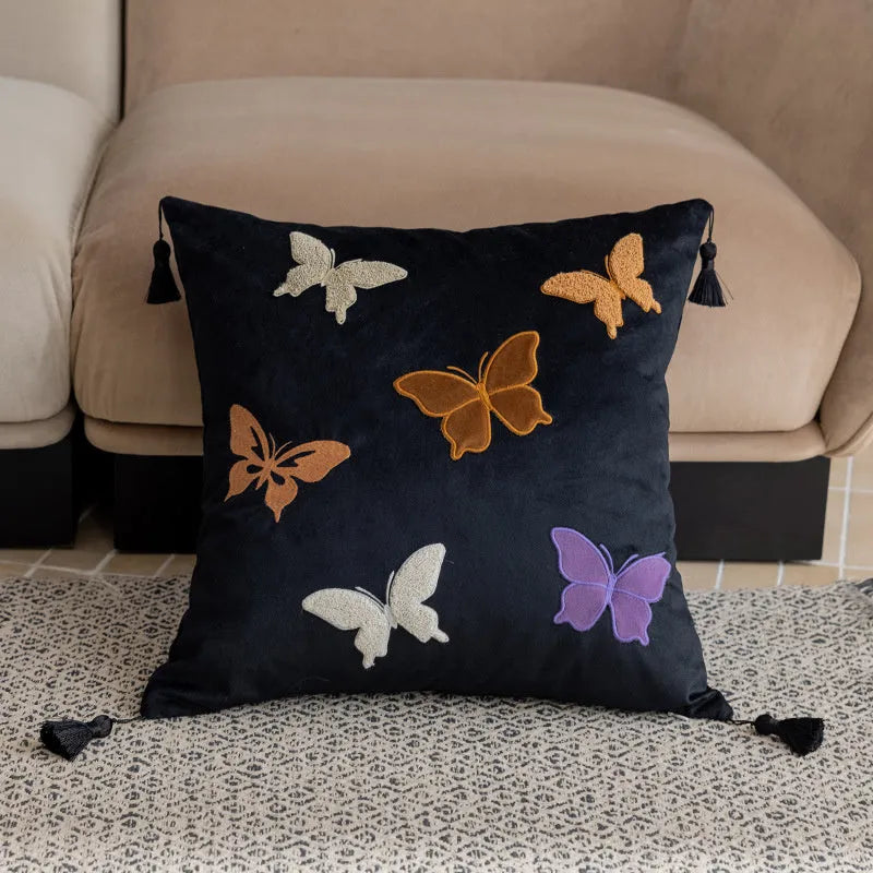 Chinese style couch pillow with butterfly embroidery in beige, black or purple colour, 45x45cm size