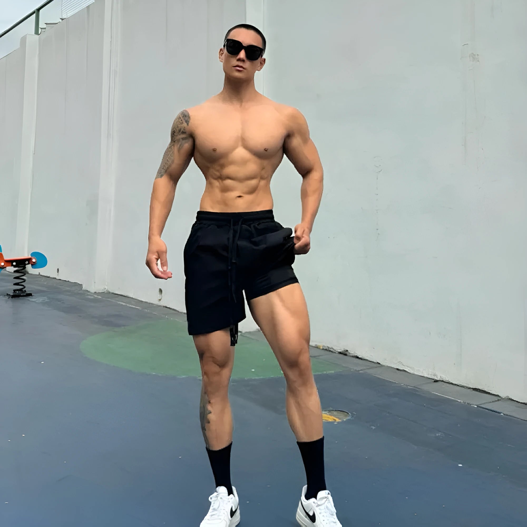 Men's ice silk quick-drying double-layer casual shorts in multiple colours on a size chart