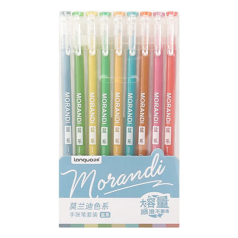 Set of nine Retro Hand Account gel pens with 0.5mm needle tips, shown in a choice of colour themes.