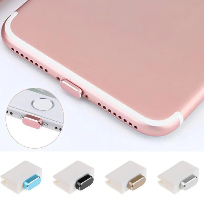 Aluminium alloy dust plug for iPhone charging port in various colours including gold, silver and rose gold.