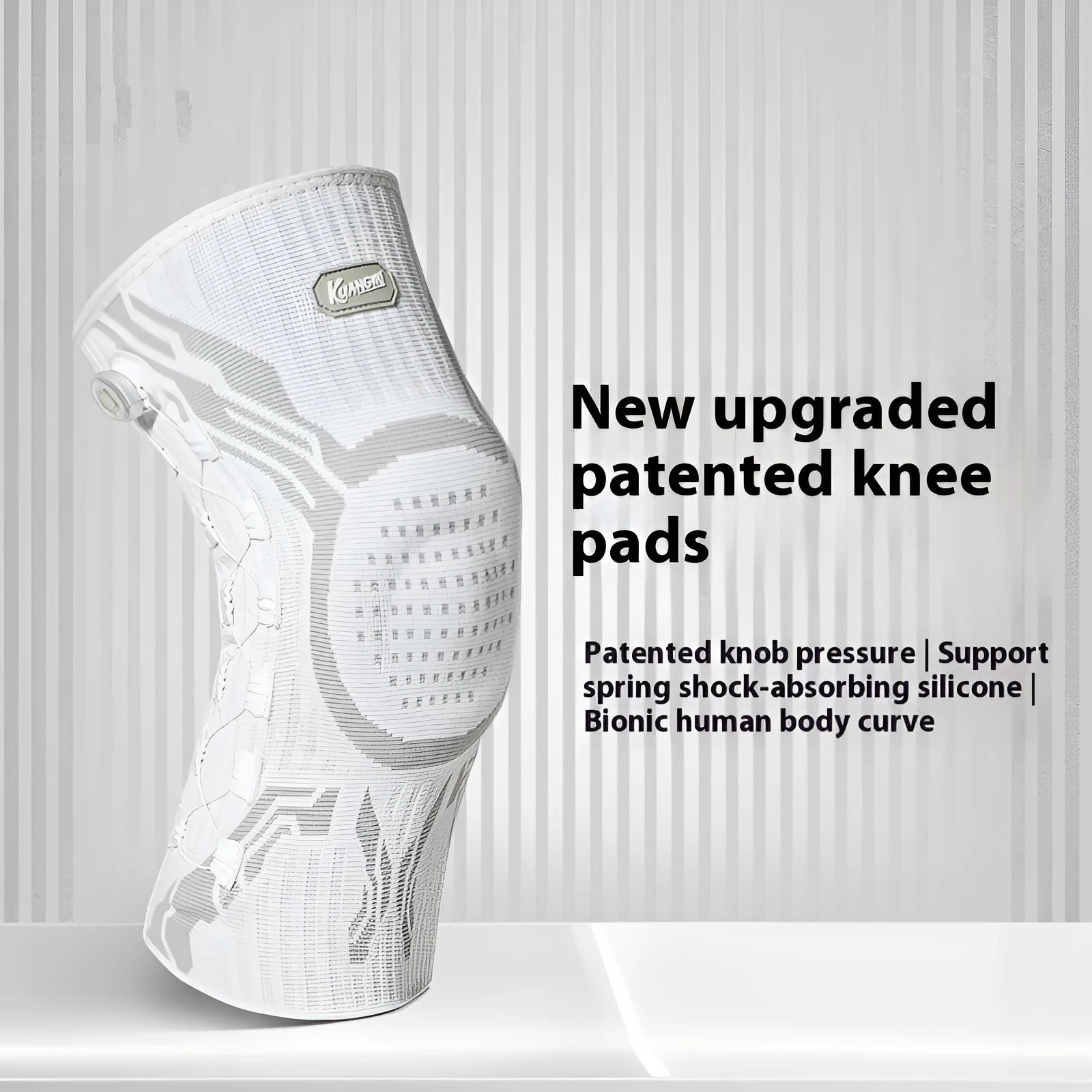 Grey and white sports knee pad for adults, available in sizes M, L and XL.