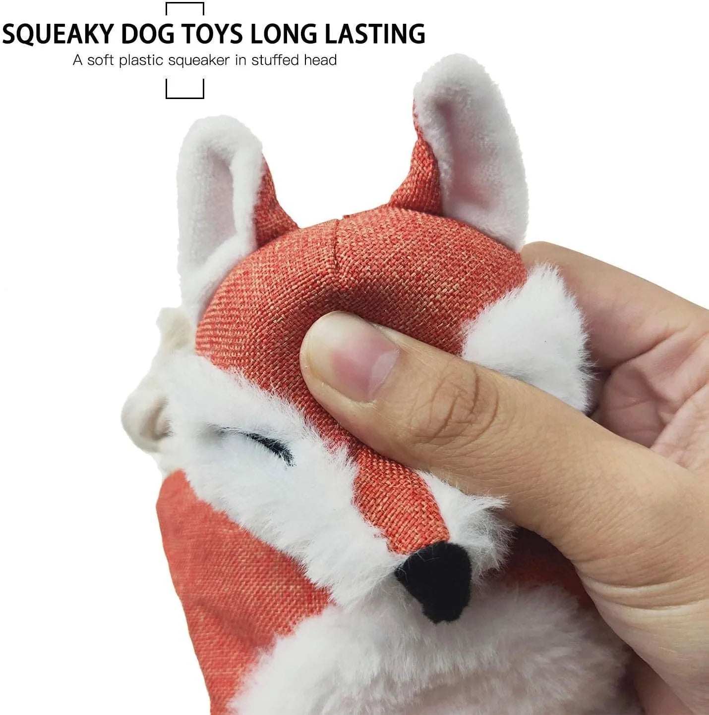 Brown fox-shaped dog toy with embroidered eyes, rope arms and legs, labelled as a squeaker and crinkle toy.