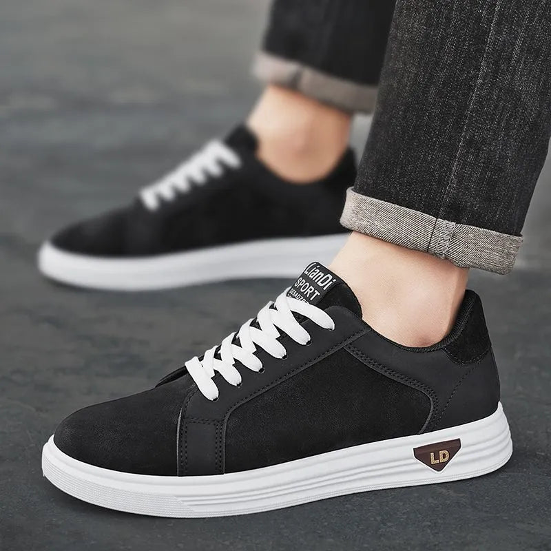 Men's high-cut black PU leather sneakers with snake pattern texture and rubber sole.
