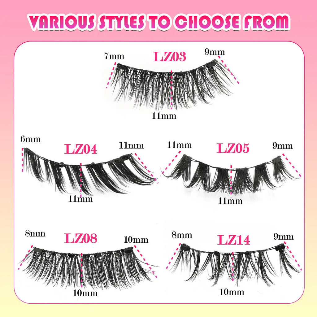 Set of reusable waterproof glue-free false eyelashes in natural thick styles on a clear background.