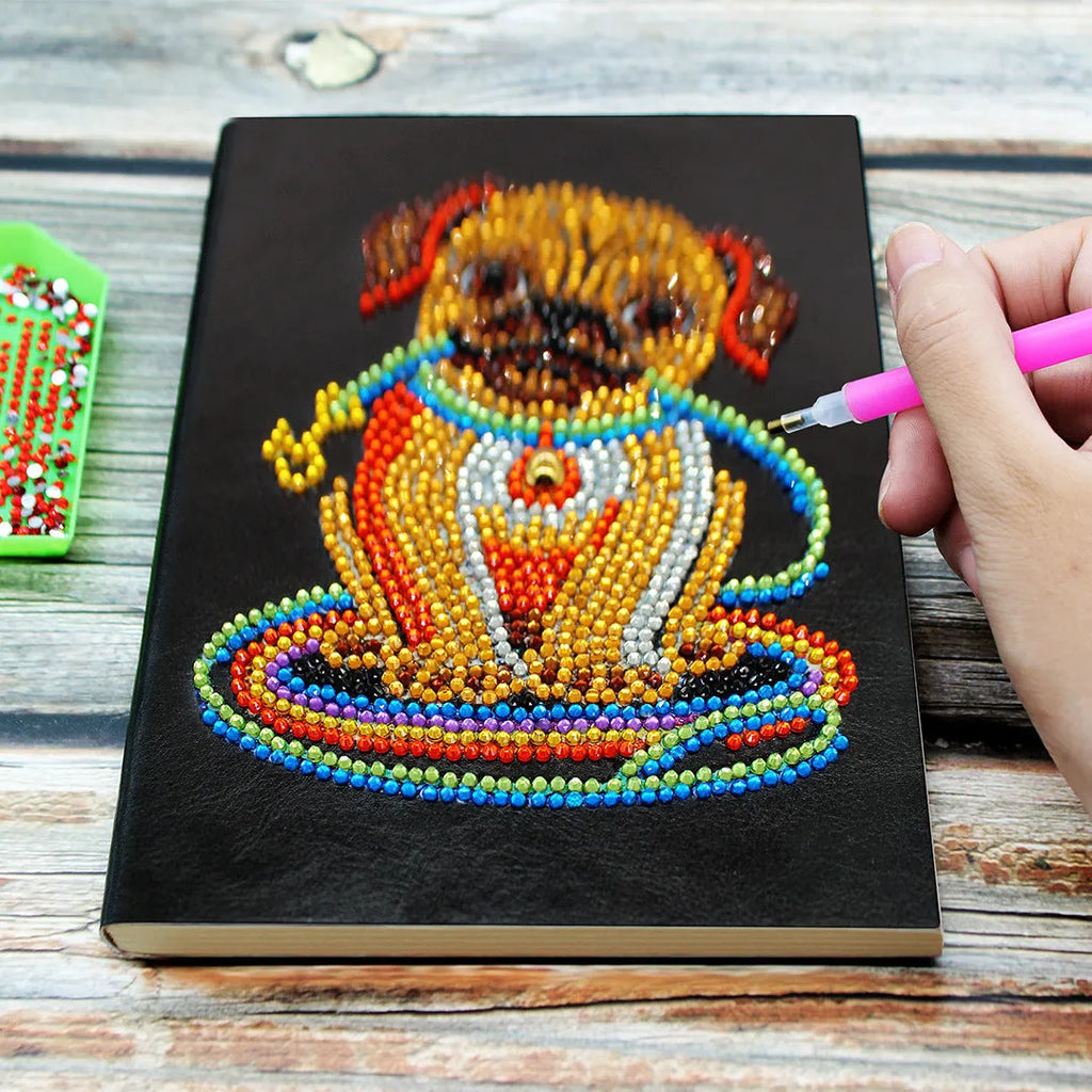 Black A5 DIY diamond painting notebook showing dimensions of 142x207x8mm with 50 blank pages