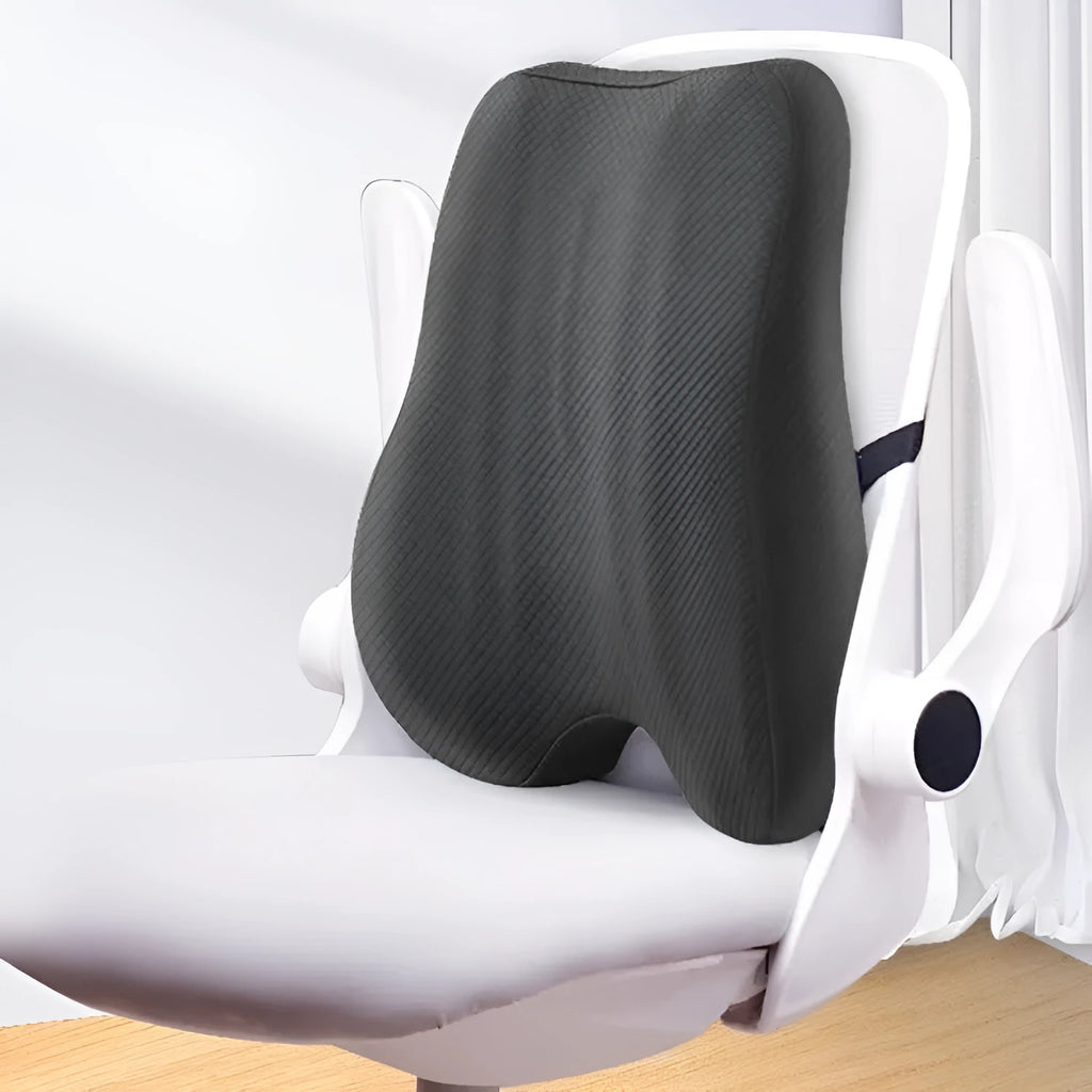 Grey lumbar support cushion for office chair, measuring 40cm by 40cm by 8cm.