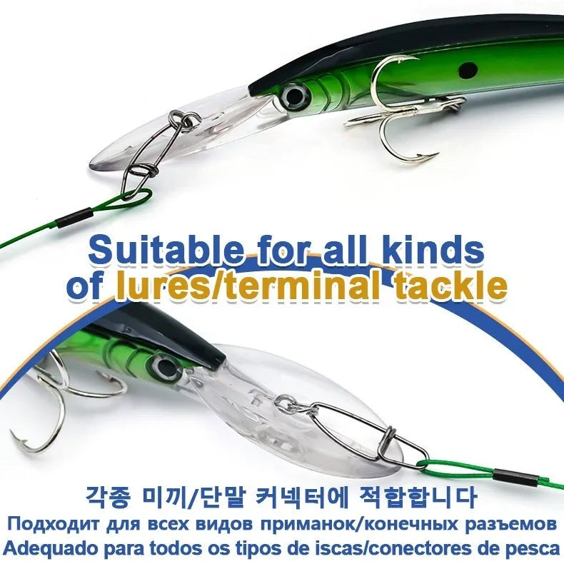 Set of 10 steel wire fishing leaders with double buckle pins in green, black, and red.