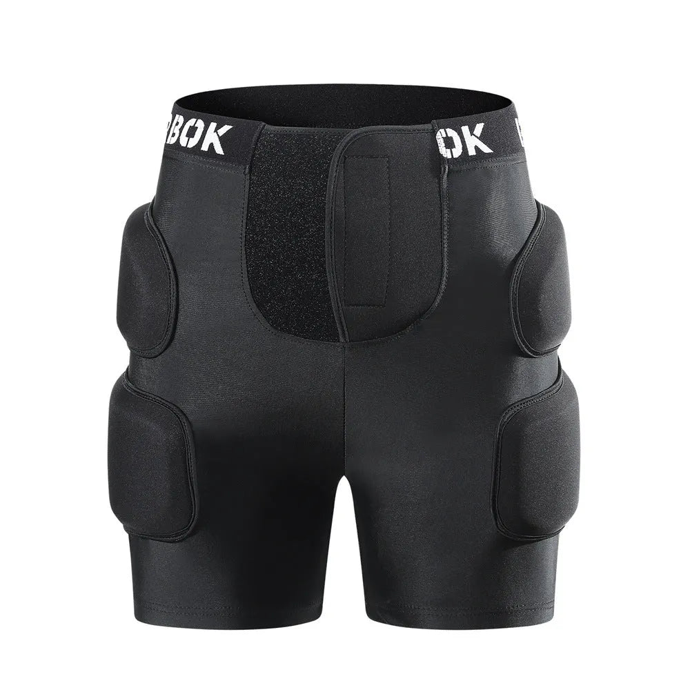 Black sports hip protector with NBR foam padding on spandex base for skating and skiing safety