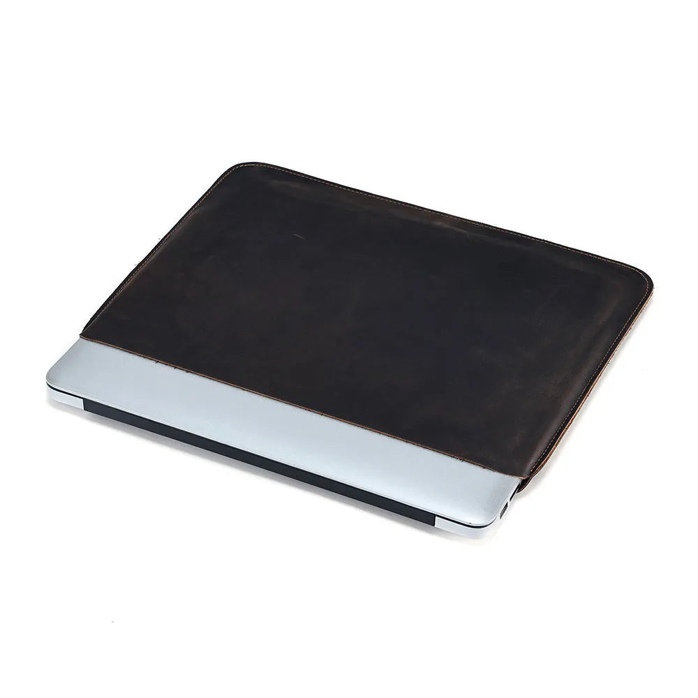 Brown crazy horse leather horizontal computer liner bag showing organisational compartments