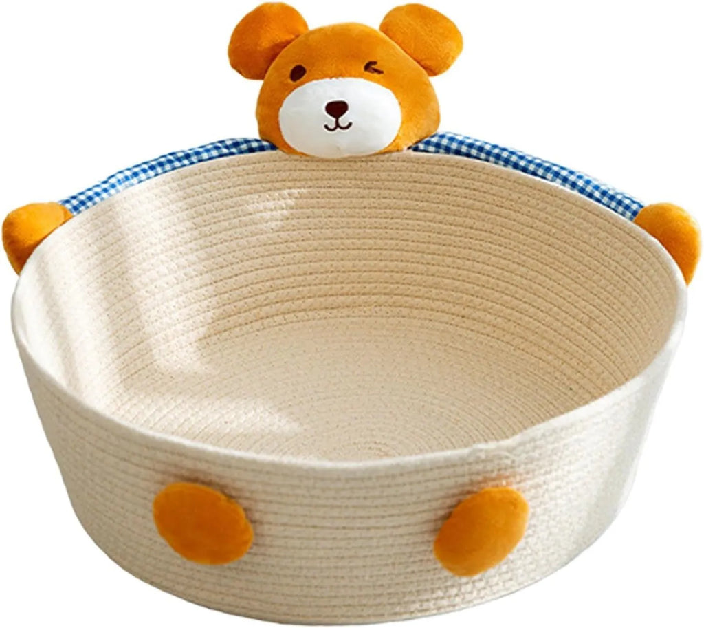 Woven cotton rope cat bed with integrated scratching surface in basket design