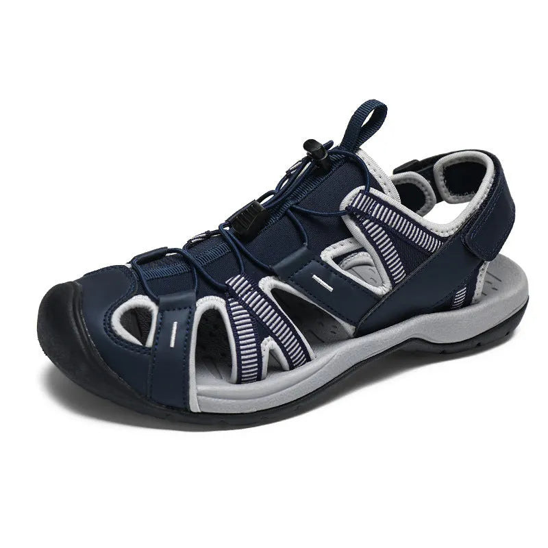 Men's blue and black casual sports shoes with Velcro closure and mesh upper
