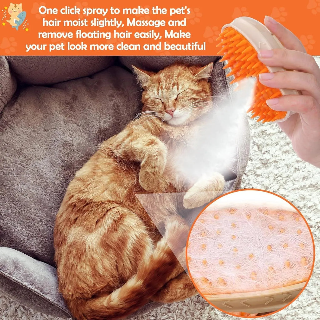 Yellow 4-in-1 cat steam brush with water spray, vibration massage, and ringworm detector light