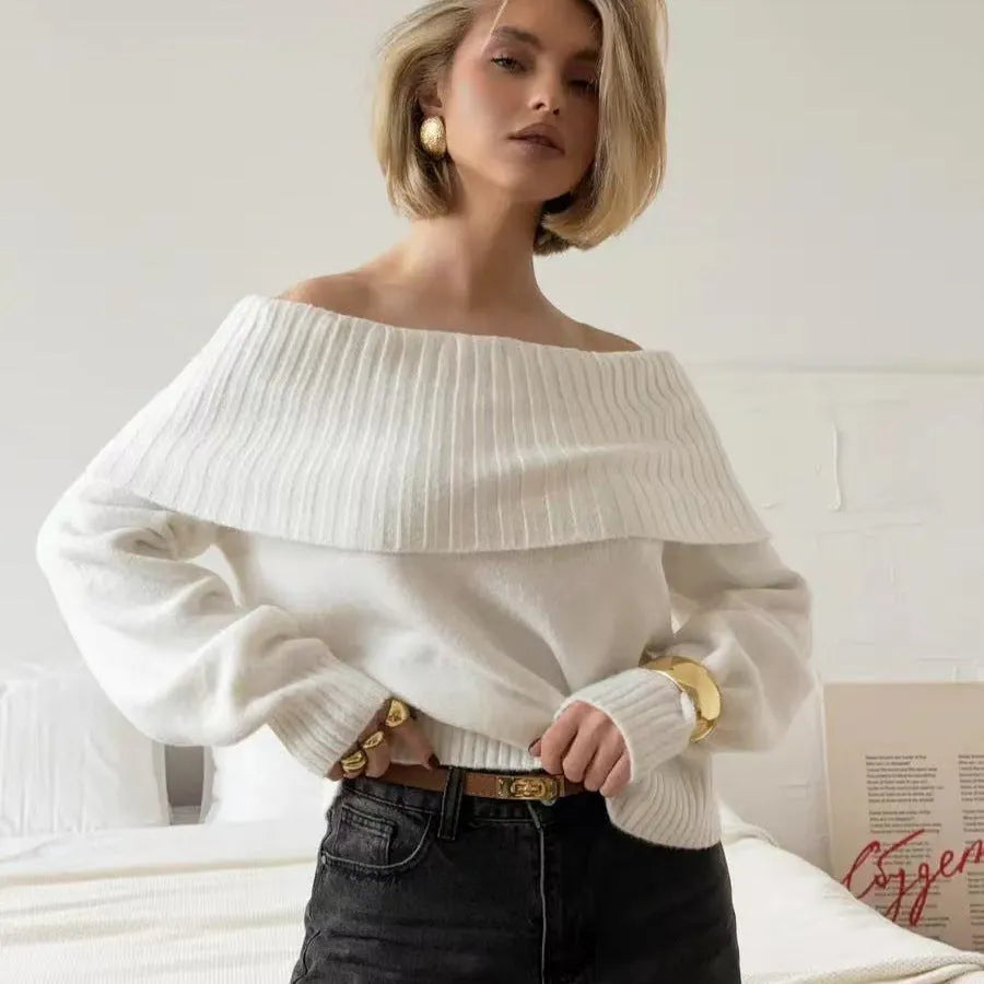 Women's off-the-shoulder sweater with 3D pattern in grey, white or wine red acrylic fabric