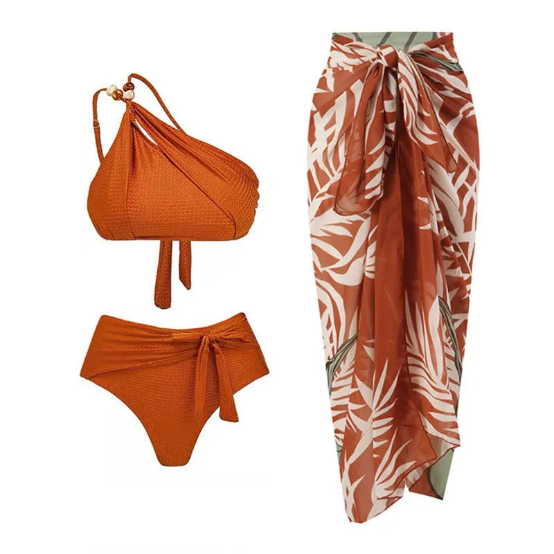 Women's high-waisted push-up bikini with chiffon split skirt in black, brown or green