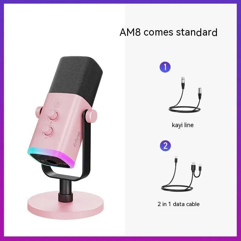 Dynamic noise reduction condenser microphone in black, pink or white with USB-C XLR cable and desktop base