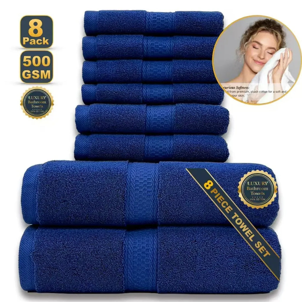 Pure cotton jacquard bath towel in dark blue, 70x140 cm, woven pattern on white background
