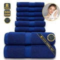 Pure cotton jacquard bath towel in dark blue, 70x140 cm, woven pattern on white background