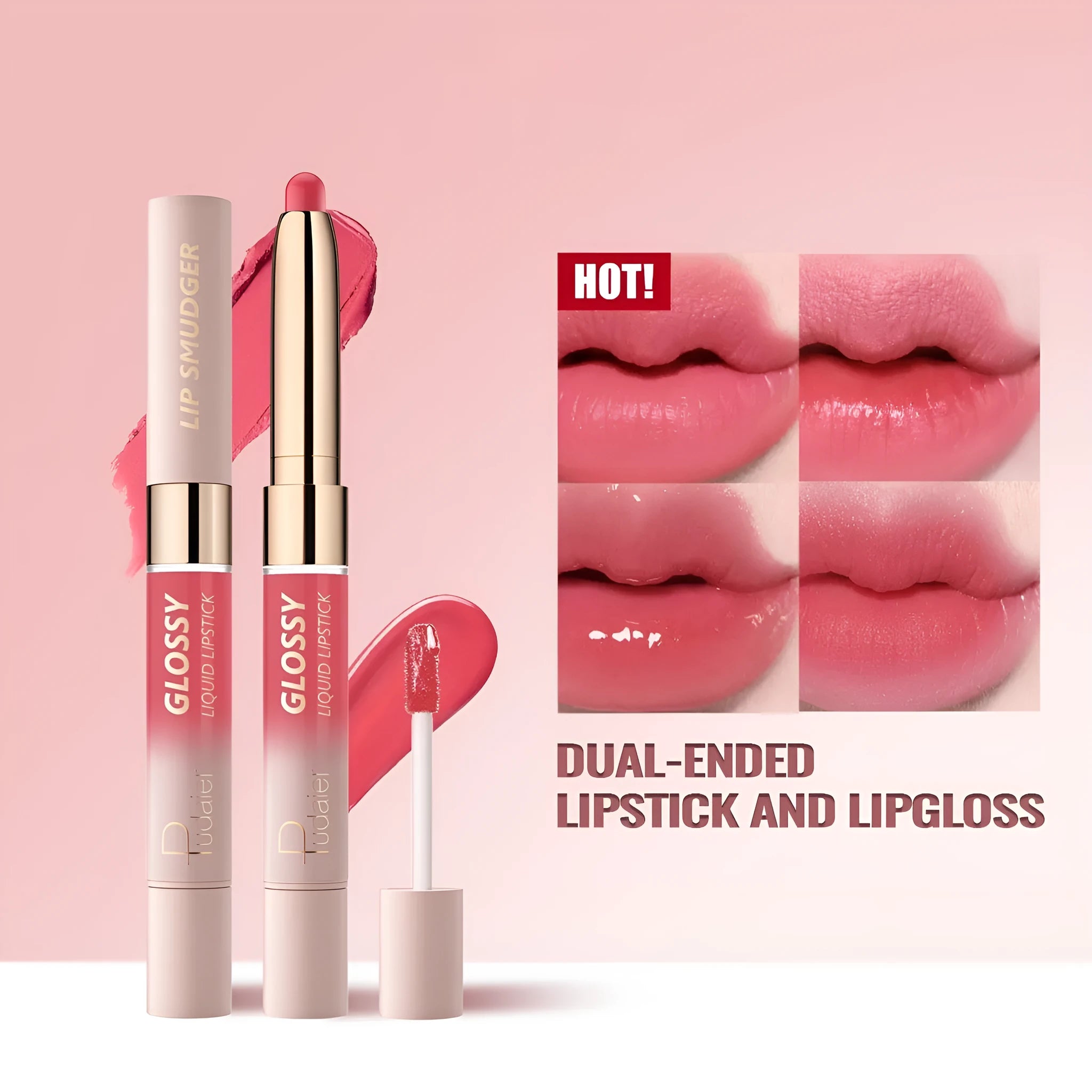 Double-headed lipstick and lip gloss in matte finish showing 10 different colour options