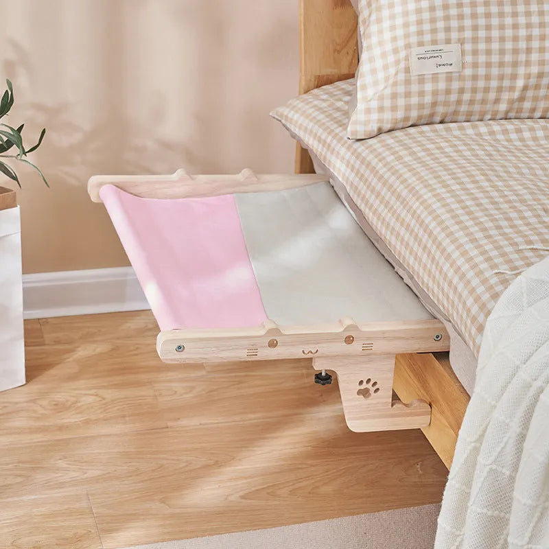 Wooden frame hanging cat hammock bed for balcony or window, suitable for cats and dogs.