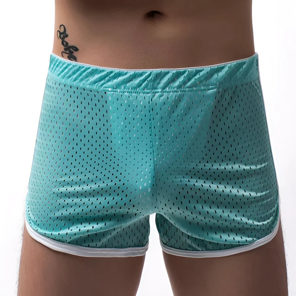 Men's cotton three-point boxers in multiple colours on a size chart background.