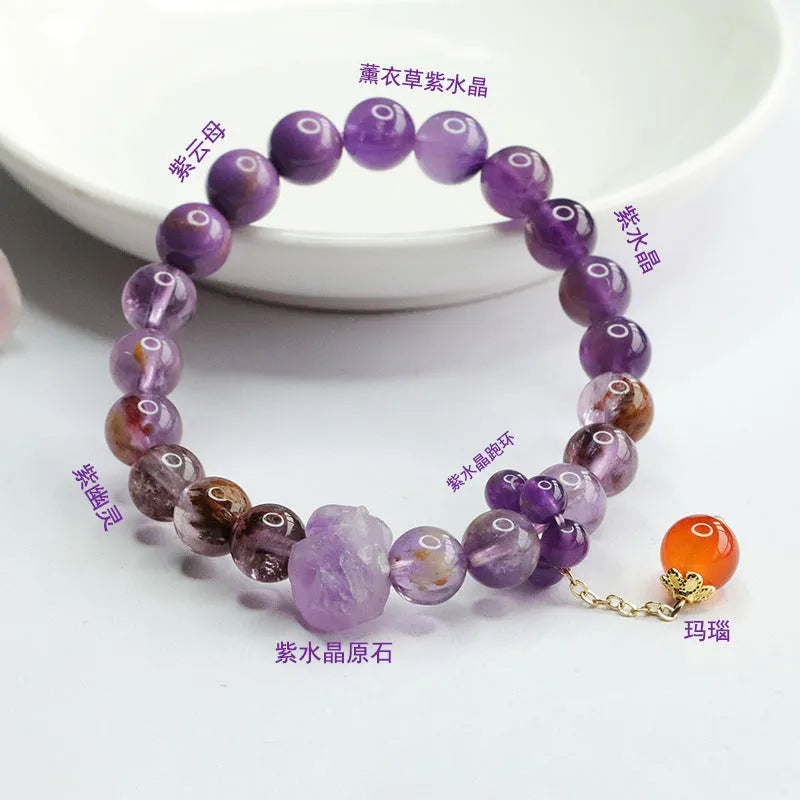 Natural nine purple amethyst and red agate Mori style crystal bracelet for Dragon Year.