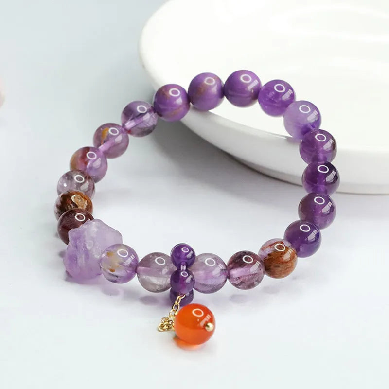 Natural nine purple amethyst and red agate Mori style crystal bracelet for Dragon Year.